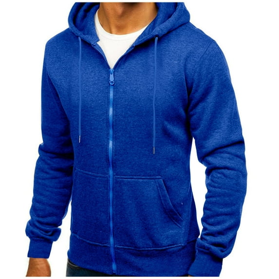 Men's Zip Up Hoodie Stylish Solid Color Fleece Hooded Cardigan Loose Casual Sports Zipper Hoodie Coat Blue M