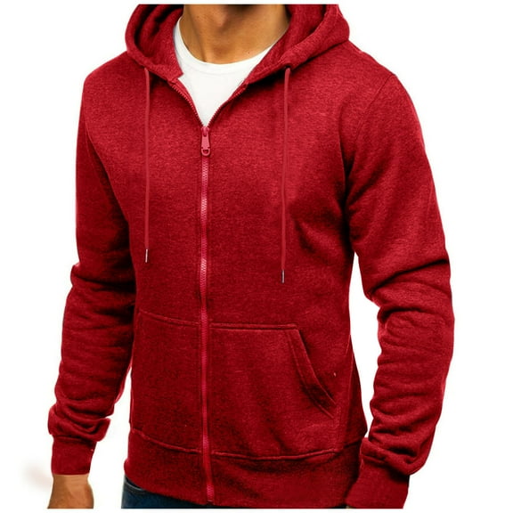 Men's Zip Up Hoodie Stylish Solid Color Fleece Hooded Cardigan Loose Casual Sports Zipper Hoodie Coat Red S