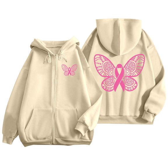 QHFBli Sweatshirt for Women Cancer Full Zip Hoodie Graphic Pink Ribbon Casual Sweatshirt Y2K Outerwear Hoodies with Pockets