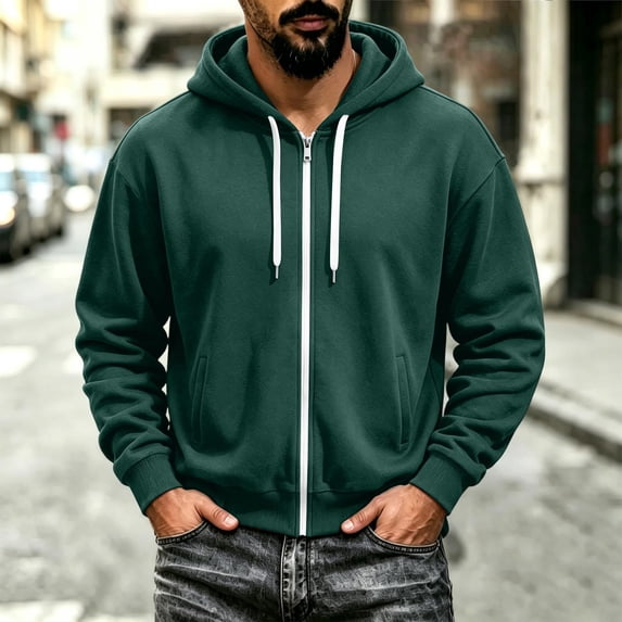 Men's Zip Up Hoodies Adjustable Drawstring Solid Hooded Jacket Fall Winter Lightweight Causal Athletic Jacket, M