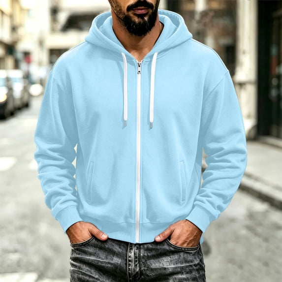 Men's Zip Up Hoodies Adjustable Drawstring Solid Hooded Jacket Fall Winter Lightweight Causal Athletic Jacket, M