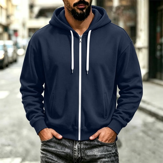 Men's Zip Up Hoodies Adjustable Drawstring Solid Hooded Jacket Fall Winter Lightweight Causal Athletic Jacket, S