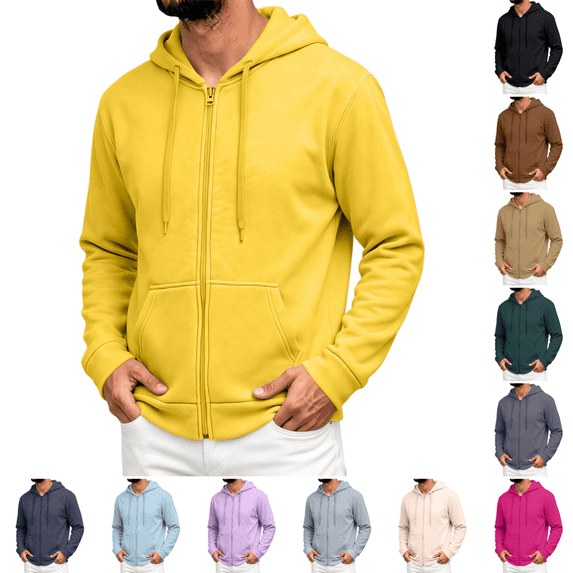 Men's Zip Up Hoodies Fashion Fleece Long Sleeve Hooded Sweat Shirts Winter Casual Warm Regular Fit Drawstring Hoodies Yellow L