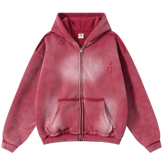 Men's Zip-Up Hoodies Unisex Vintage Heavyweight Hoodie Ripped Washing Streetwear Sweatshirt
