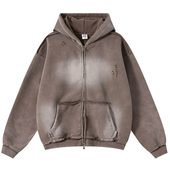 Men's Zip-Up Hoodies Unisex Vintage Heavyweight Hoodie Ripped Washing Streetwear Sweatshirt