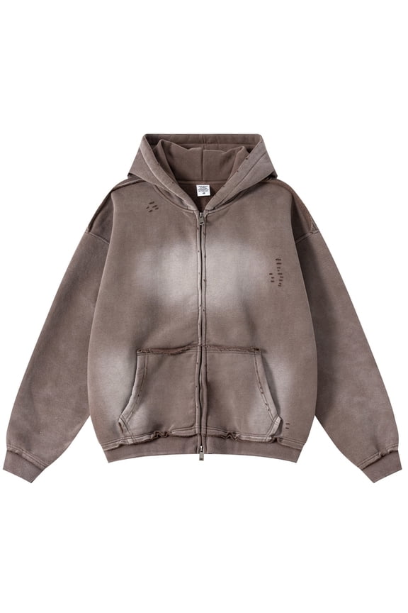 Men's Zip-Up Hoodies Unisex Vintage Heavyweight Hoodie Ripped Washing Streetwear Sweatshirt