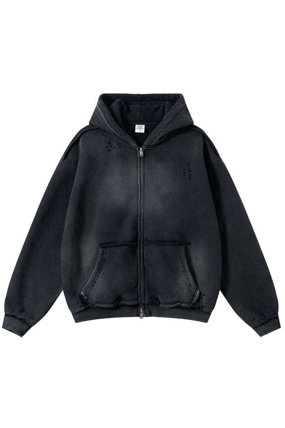 Men's Zip-Up Hoodies Unisex Vintage Heavyweight Hoodie Ripped Washing Streetwear Sweatshirt