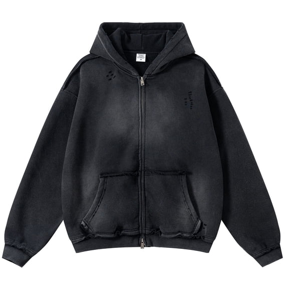 Men's Zip-Up Hoodies Unisex Vintage Heavyweight Hoodie Ripped Washing Streetwear Sweatshirt