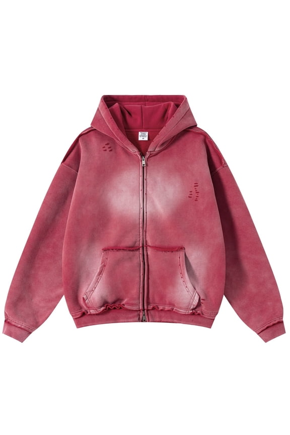 Men's Zip-Up Hoodies Unisex Vintage Heavyweight Hoodie Ripped Washing Streetwear Sweatshirt