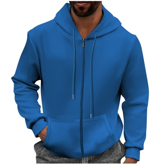 Men's Zip Up Hoodies Waffle Long Sleeve Hooded Jackets for Men Fall Solid Color Pockets Coats with Hood (Blue L)