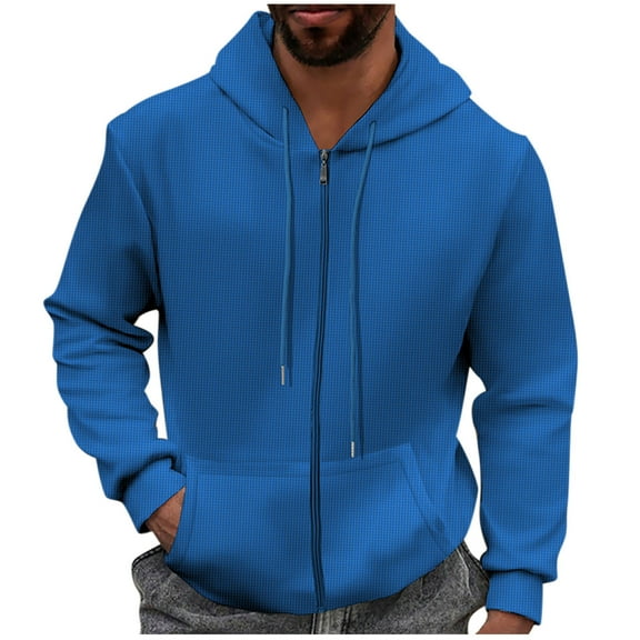 Men's Zip Up Hoodies Waffle Long Sleeve Hooded Jackets for Men Fall Solid Color Pockets Coats with Hood (Blue XL)
