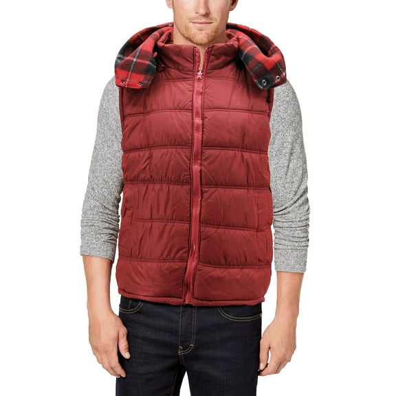 Men's Zip Up Insulated Quilted Puffer Removable Hood Plaid Reversible Vest (Burgundy, M)