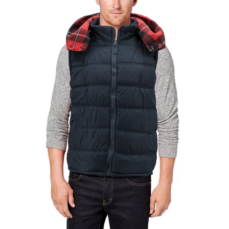 Men's Zip Up Insulated Quilted Puffer Removable Hood Plaid Reversible Vest (Navy, M)