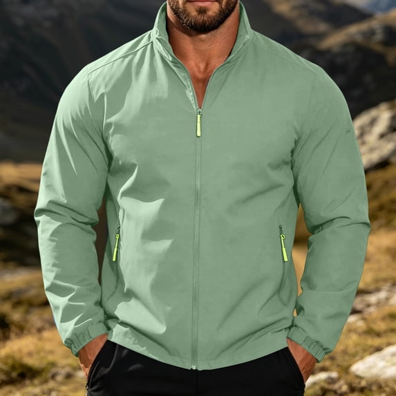 Men's Zip Up Jacket Long Sleeve Lightweight Windbreaker Waist Length Plain Outerwear with Side Pockets Mint Green XL