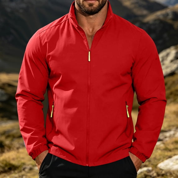 Men's Zip Up Jacket Long Sleeve Lightweight Windbreaker Waist Length Plain Outerwear with Side Pockets Red 3XL