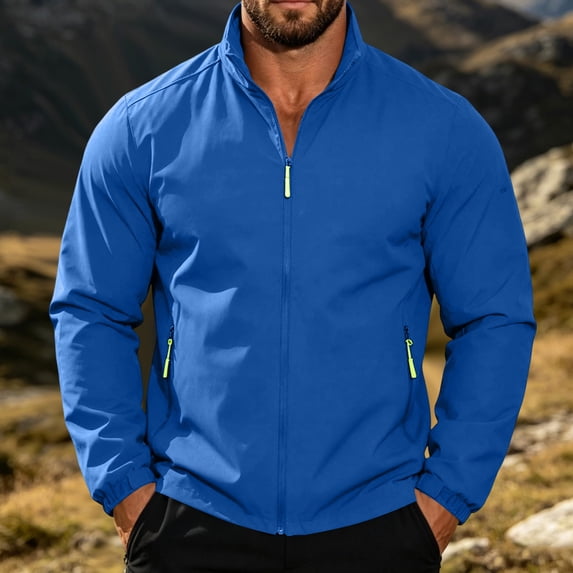 Men's Zip Up Jacket Long Sleeve Lightweight Windbreaker Waist Length Plain Outerwear with Side Pockets Royal Blue M