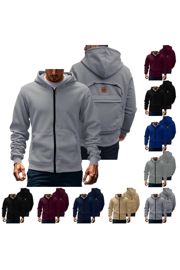 Men's Zip Up Oversized Hoodies Plus Size Fleece Sweatshirt with Pocket and Integrated Backpack Fall Travel Vacation Jackets