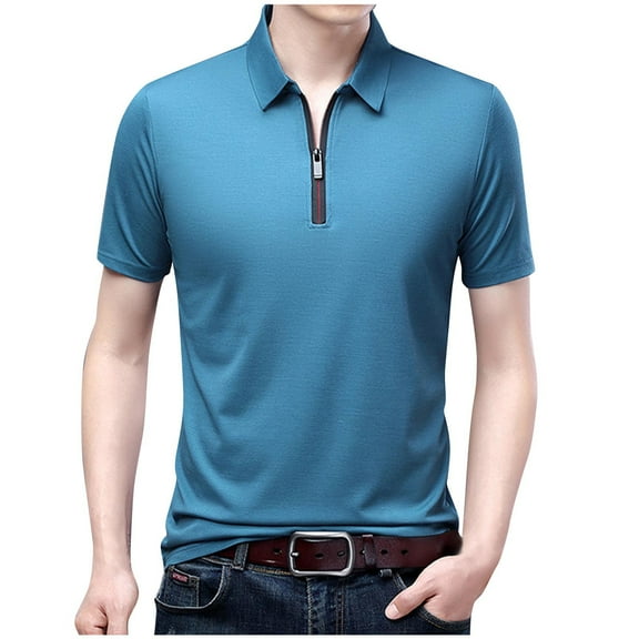 Men's Zip-Up Polo Shirt Short Sleeve Moisture Wicking Outdoor Golf Shirt Collar Sports Tennis Polo Shirt
