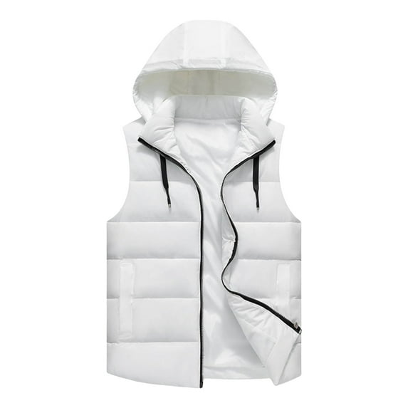 Men's Zip Up Puffer Vest Stand Collar Sleeveless Jackets Winter Warm Padded Vest with Detachable Hooded White 2XL