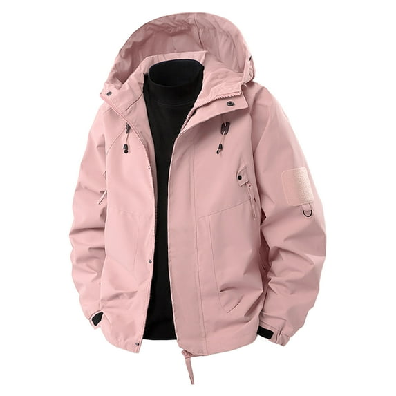 Men's Zip Up Rain Coats Drawstring Pocket Hooded Jacket Regular Casual Solid Color Long Sleeve Outerwear Pink XXXL