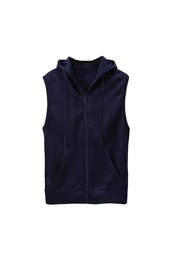 Men's Zip Up Sleeveless Hoodie Workout Cotton Fleece Cut Off Sweatshirt Pockets Drawstring Solid Sports T-Shirts