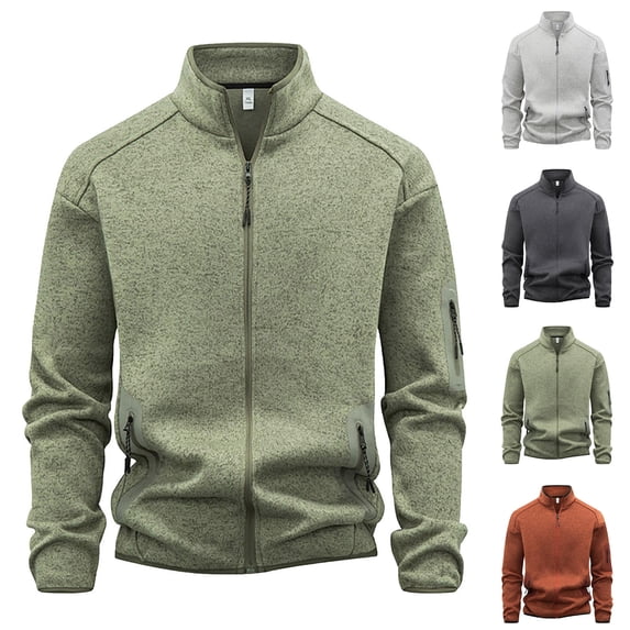 Men's Zip-Up Stand Collar Jacket Long Sleeve Windproof Casual Coat with Multi Pockets for Hiking Travel