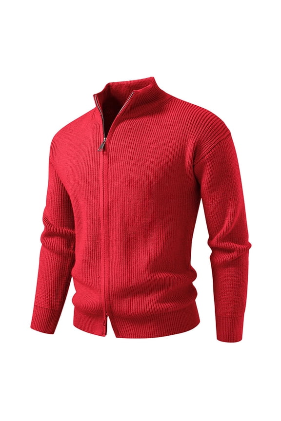 Men's Zip Up Sweater Jackets Comfy Knit Dual Zippers Long Sleeve Tops Solid Color Casual Fall Winter Outerwear (2XL, Red)