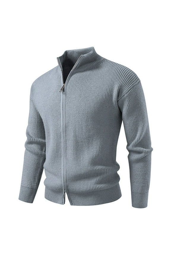 Men's Zip Up Sweater Jackets Comfy Knit Dual Zippers Long Sleeve Tops Solid Color Casual Fall Winter Outerwear (M, Gray)