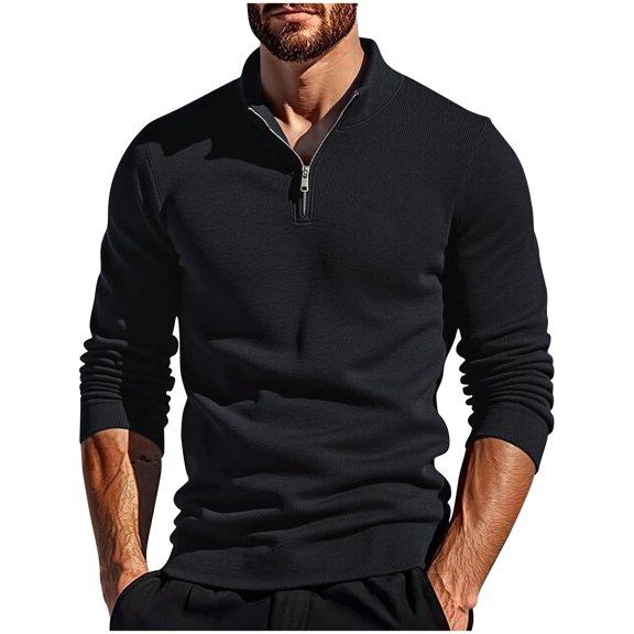 Men's Zip Up Sweater, Long Sleeve Solid Color Pullover with Stand Collar and Pocket, Ideal for Casual Daily Wear and Outdoor Activities in Winter