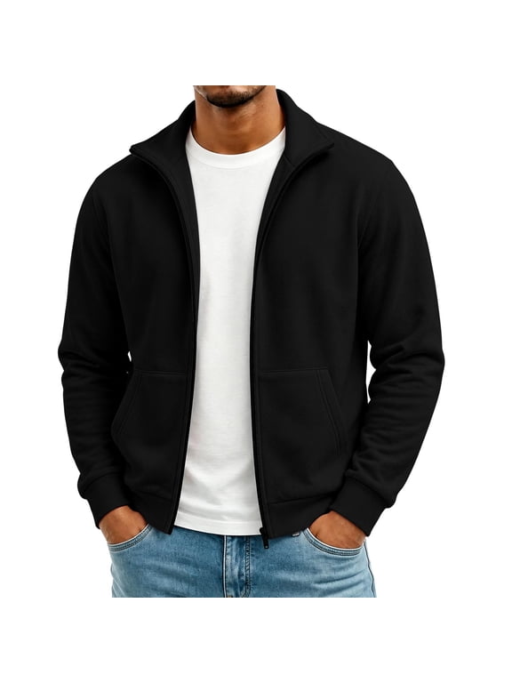 Men's Zip Up Sweatshirt Mock Neck Lightweight Jacket with Pockets,Drop Shoulder Casual Loose Fall Winter Outdoor Daily Wear,Black,L
