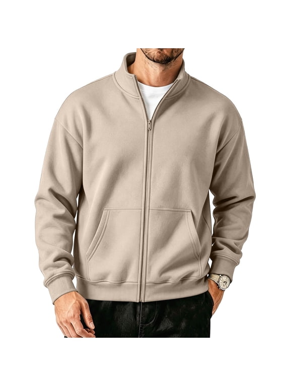 Men's Zip Up Sweatshirt Mock Neck Track Jacket Lightweight Fleece Full Zip No Hood Athletic Casual Long Sleeve Pocket