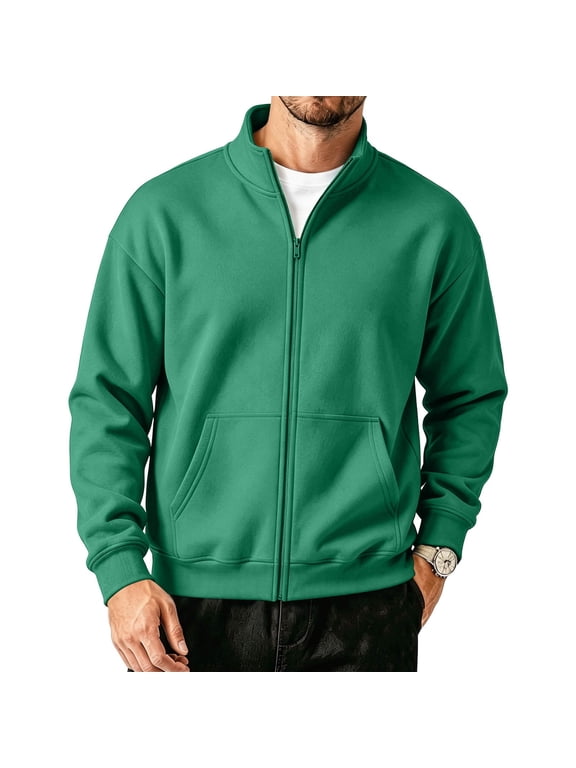 Men's Zip Up Sweatshirt Mock Neck Track Jacket Lightweight Fleece Full Zip No Hood Athletic Casual Long Sleeve Pocket