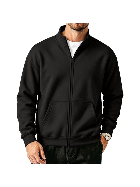 Men's Zip Up Sweatshirt Mock Neck Track Jacket Lightweight Fleece Full Zip No Hood Athletic Casual Long Sleeve Pocket