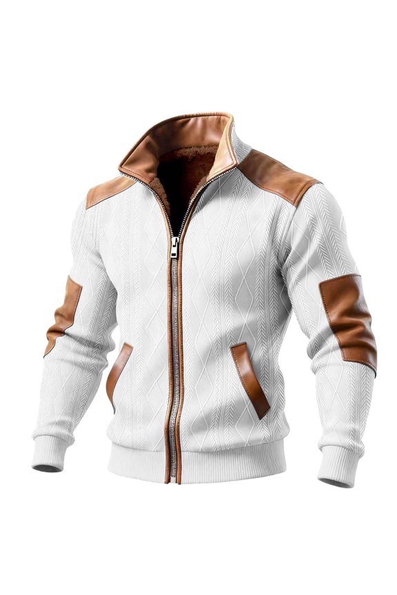 Men's Zip Up Winter Coat Stylish Stand Collar Sherpa Fleece Lined Warm Slim Jackets with Splicing Imitation Pu Skin