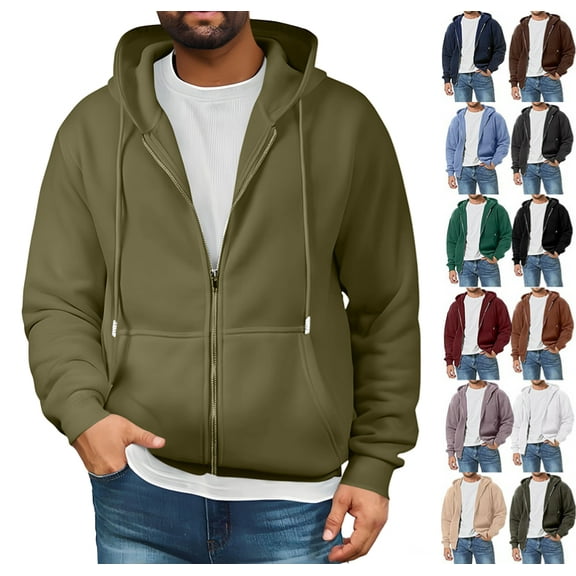 Men's Zip-up Hooded Sweatshirts Full-Zip Hoodie Long Sleeve Solid Color Drawstring Casual Hoodies for Men with Pocket,Army Green XL
