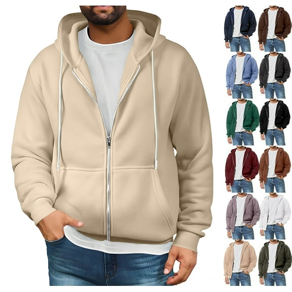 Men's Zip-up Hooded Sweatshirts Full-Zip Hoodie Long Sleeve Solid Color Drawstring Casual Hoodies for Men with Pocket,Beige XL