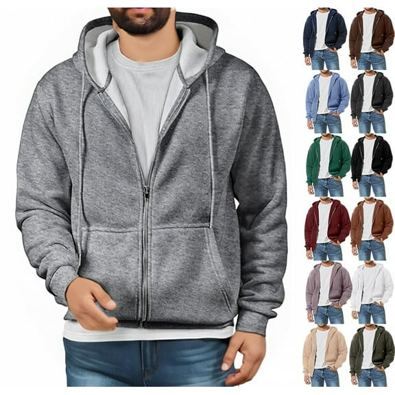Men's Zip-up Hooded Sweatshirts Full-Zip Hoodie Long Sleeve Solid Color Drawstring Casual Hoodies for Men with Pocket,Gray L