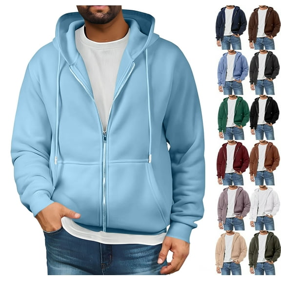 Men's Zip-up Hooded Sweatshirts Full-Zip Hoodie Long Sleeve Solid Color Drawstring Casual Hoodies for Men with Pocket,Sky Blue L