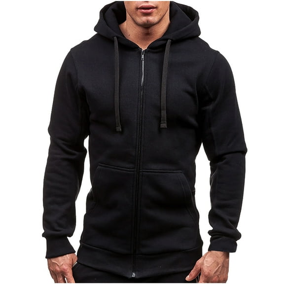 Men's Zip up Hoodie, Lightweight Long Sleeve Sweatshirt, Slim Fitting Hooded Solid Color Jackets with Pockets Black XXL