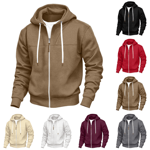 Men's Zip up Hoodie Solid Color Casual Long Sleeved Sweatshirt Soft Warm Fabric for Fall Winter Casual Wear