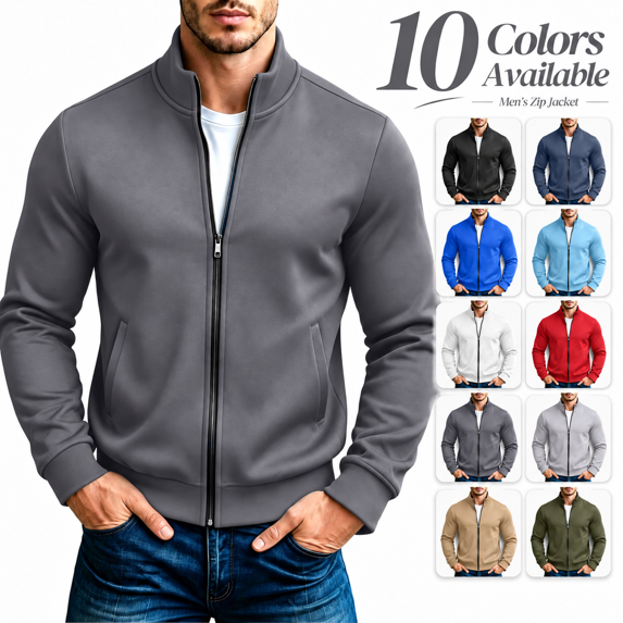 Men's Zip up Sweatshirt Jacket, Fall Fleece Stand Neck Outerwear Coat with Pockets, No Hood Long Sleeve Causal Jackets