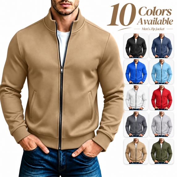 Men's Zip up Sweatshirt Jacket, Fall Fleece Stand Neck Outerwear Coat with Pockets, No Hood Long Sleeve Causal Jackets