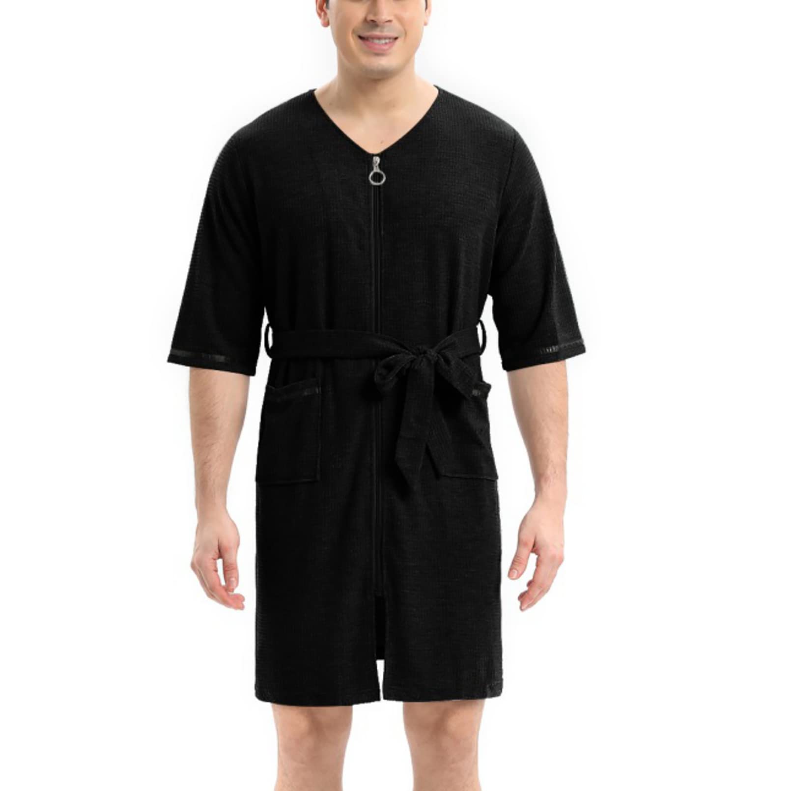 Men's Zip up Waffle Robe Summer Cotton Kimono Spa Bathrobe Solid Color