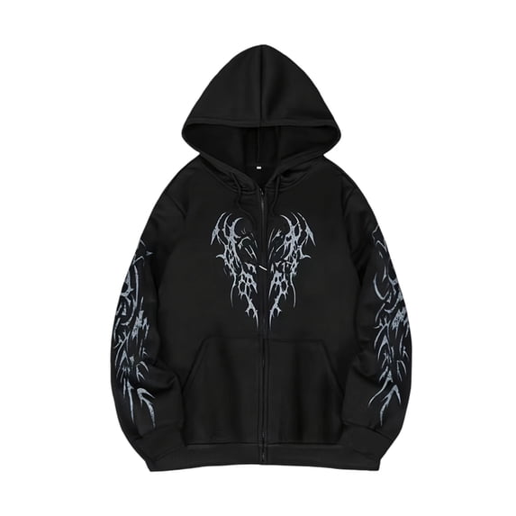Men's Zipped Graphic Hoodie Drawstring Jacket Sweatshirt Black3 M