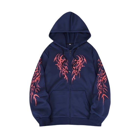 Men's Zipped Graphic Hoodie Drawstring Jacket Sweatshirt Blue L