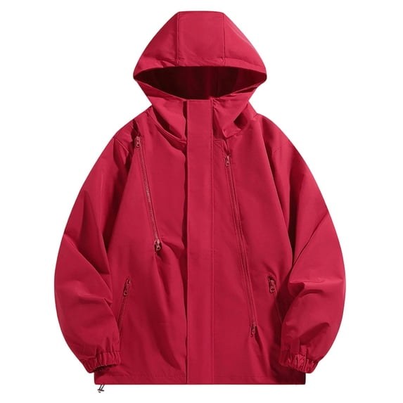 Men's Zipper Decorative Jacket Solid Color Casual Outdoor Charging Fashion Versatile Men's Long Sleeved Hooded Jacket Red XXL
