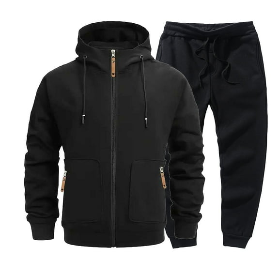 Men's Zipper Hoodies Solid Color Long Sleeve Cardigan Two Piece Sweatshirt and Sweatpants with Pocket Black S