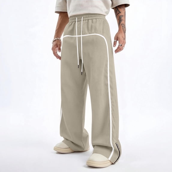 Men's Zipper Joggers Solid-Color Loose Casual Pocket Drawstring Elastic-Waist Sports Jogging Trousers Breathable Active Pants for Men
