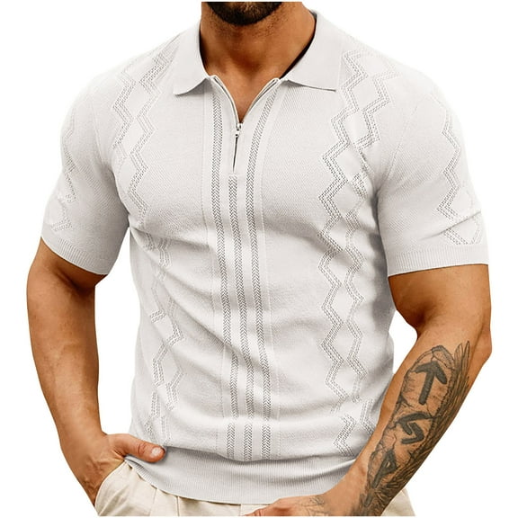 ZQUUVOU Men's Zipper Knit Short Sleeve Shirt Casual Solid Color Fashion Turndown Collar Blouse Shirt White