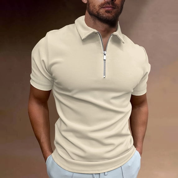Men's Zipper Polo Shirt Casual Knit Short Sleeve Polo T Shirt Classic Fit Shirts